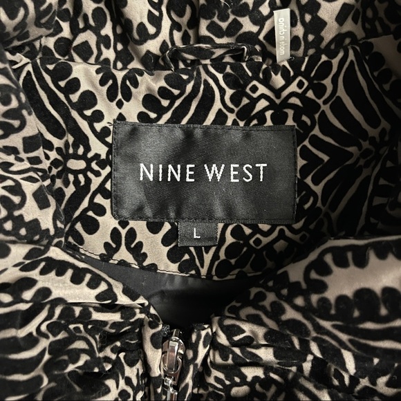 Nine West Velvet Satin Black Beige Damask Paisley Down Puffer Jacket Size Large - Picture 5 of 9